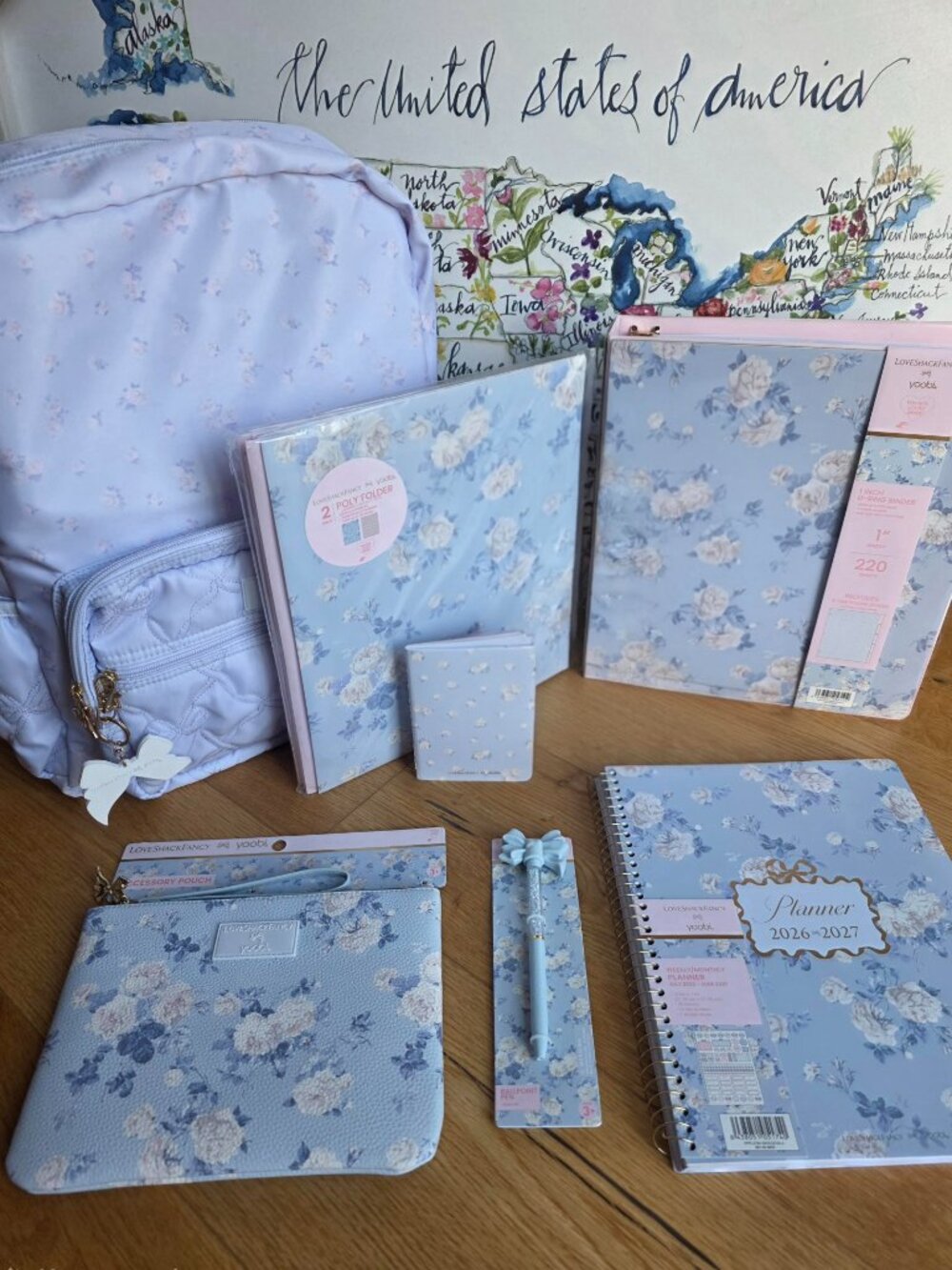 LoveShackFancy Target Blue backpack blue binder folder planner pouch bow pen 7